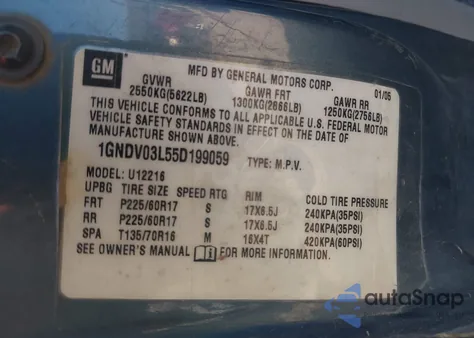 2005 Chevrolet Uplander from USA, damaged, VIN 1GNDV03L55D199059